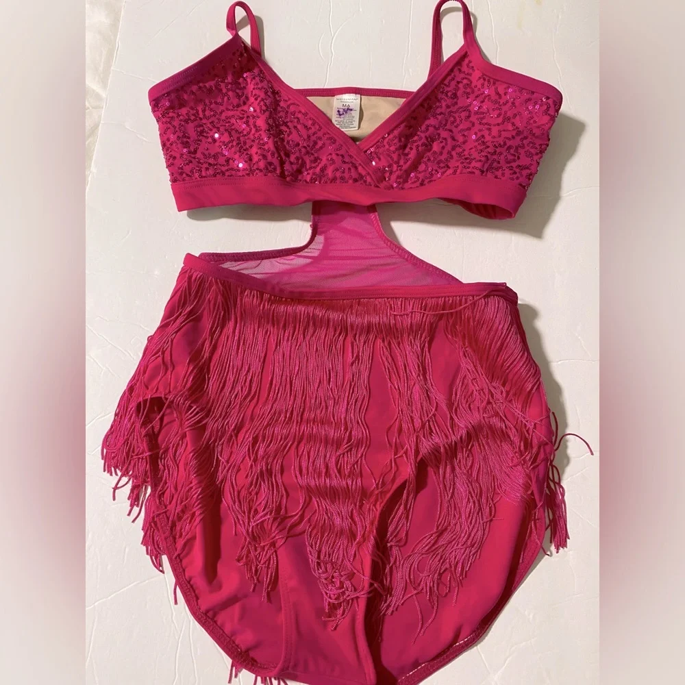WEISSMAN elite Dance hot pink Costume SEQUIN AND FRINGE LEOTARD D10201 MA adult